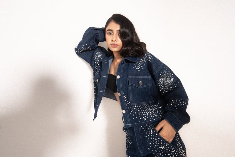 Navy Embellished Cropped Denim Jacket