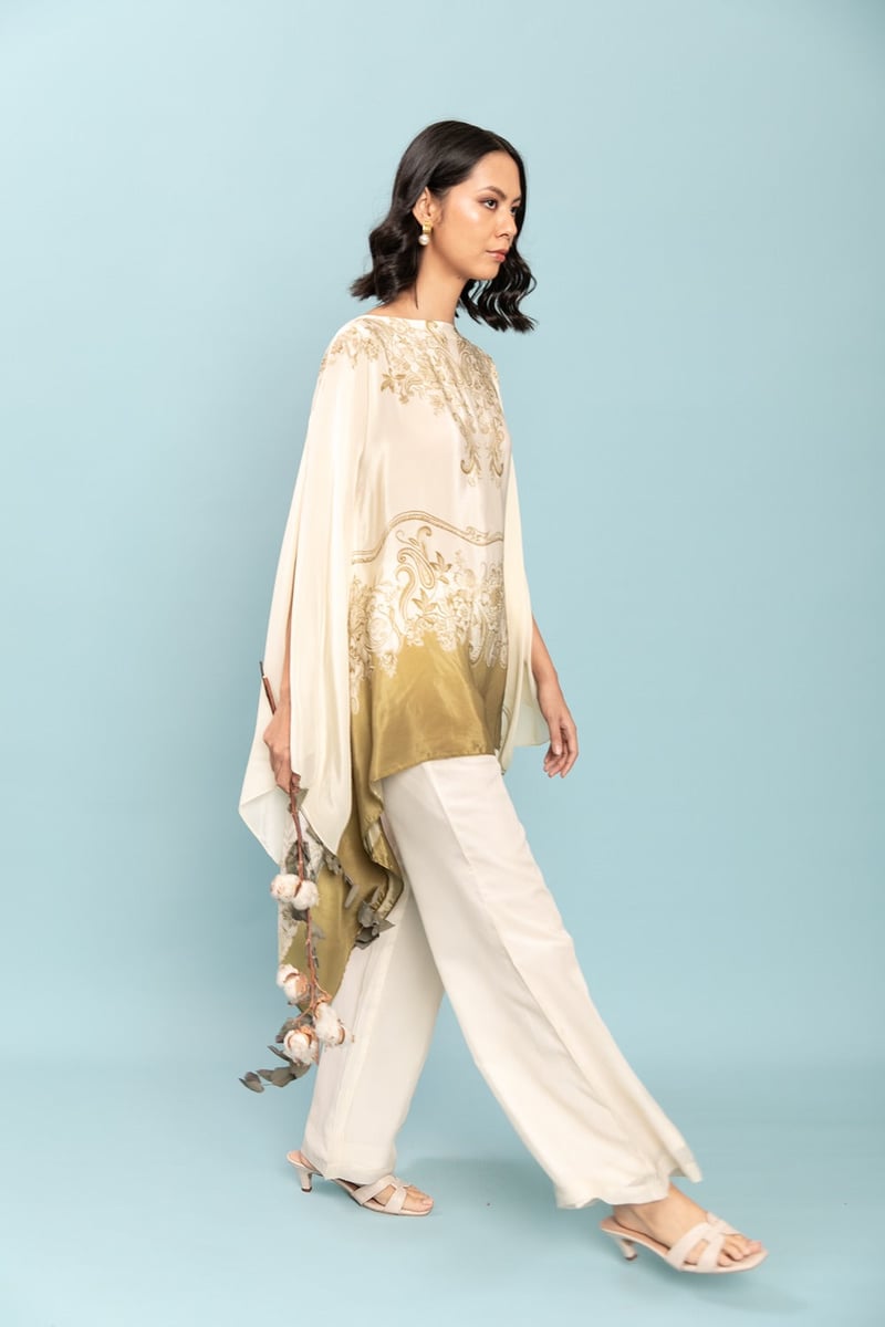 Ivory and Olive Printed Cape Kaftan Top