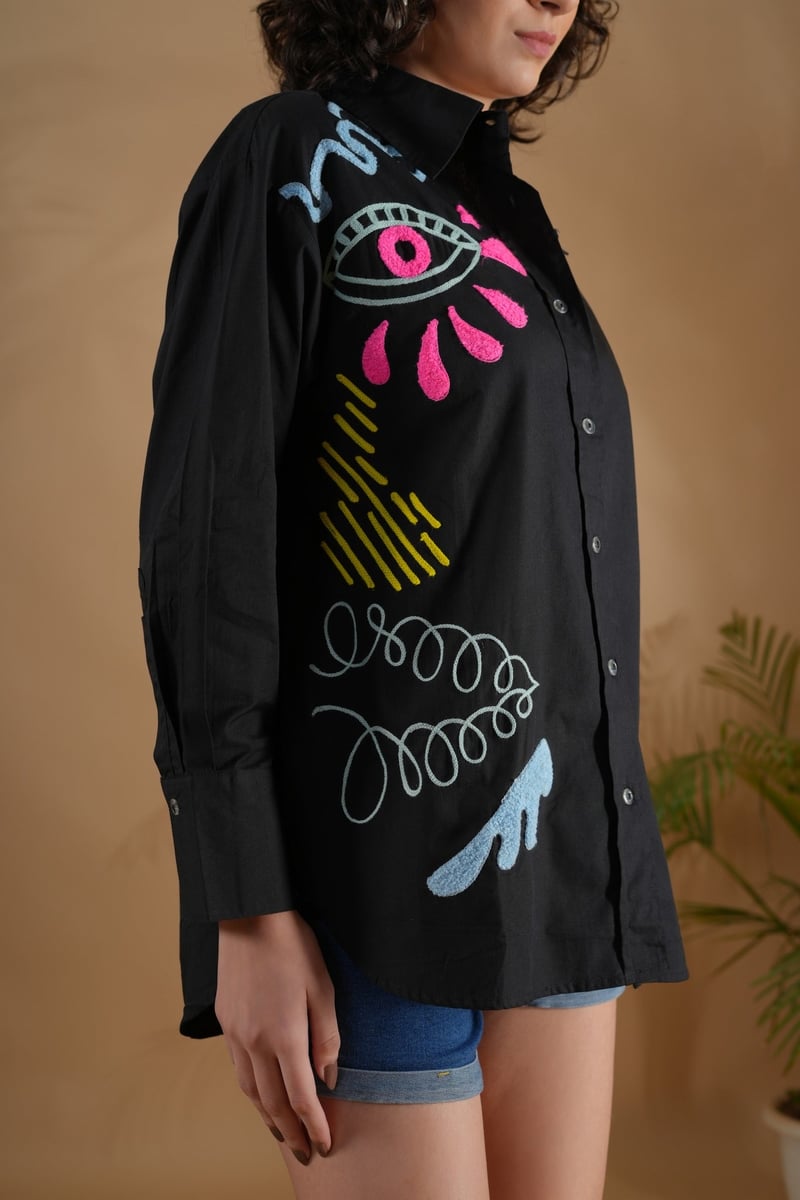 Black Oversized Embroidered Cotton Shirt