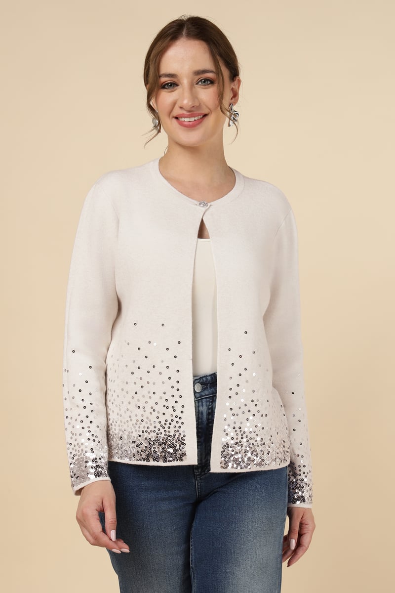 Ecru Sequin Hem Fine-Knit Cardigan