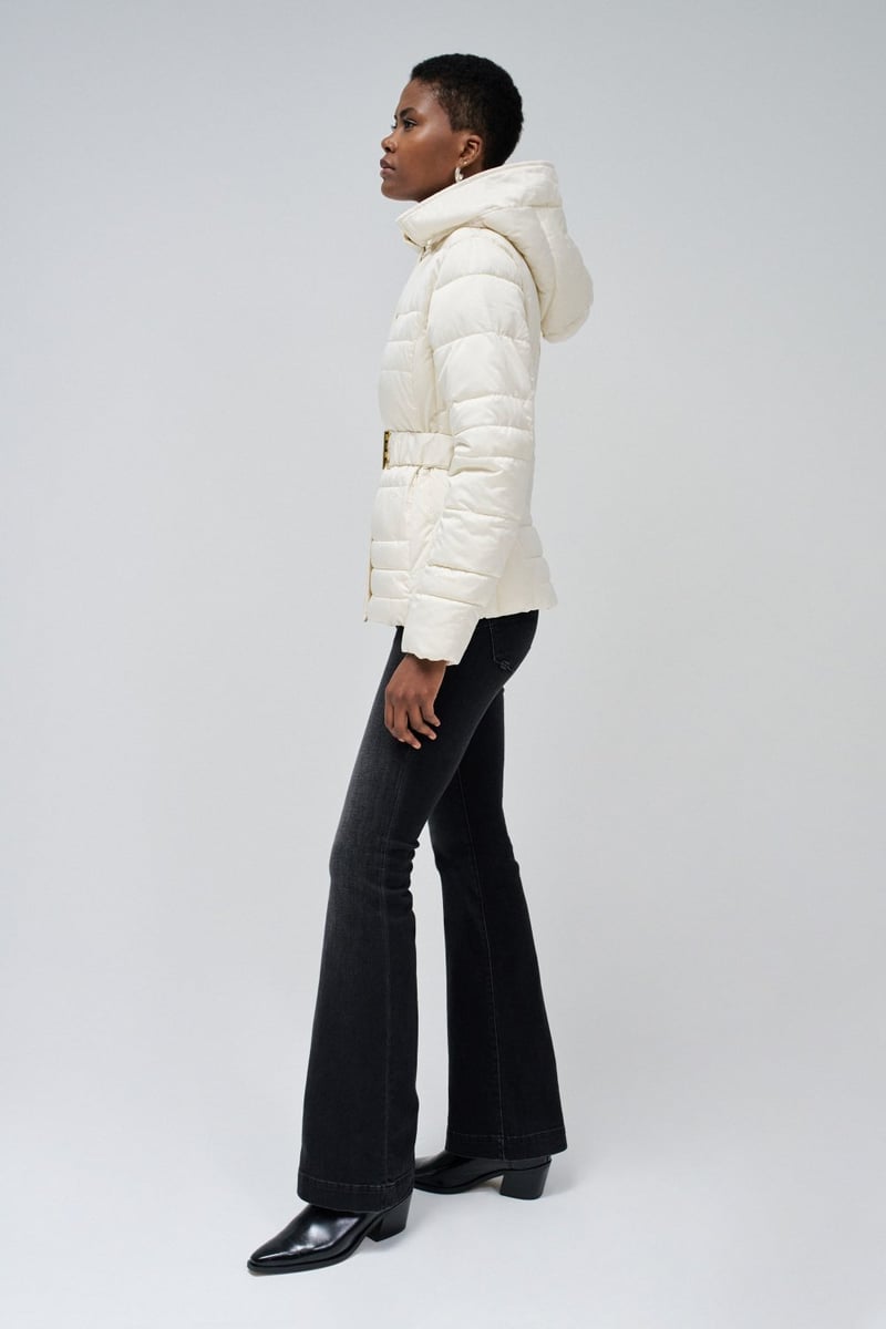 Light Beige Belted Hooded Puffer Coat with Faux Fur Trim