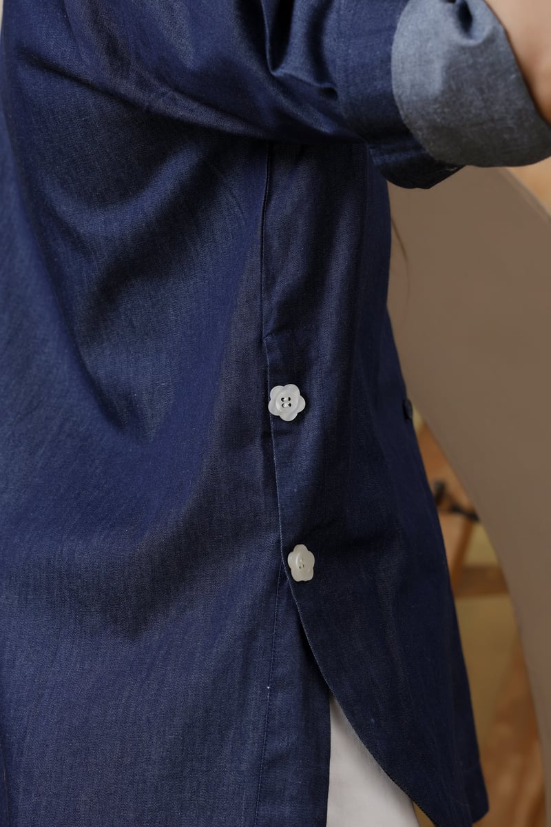 Dark Denim Shirt with White Lace Applique and High-Low Hem