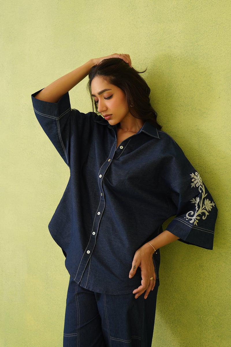 Denim Blue Embroidered Shirt and Wide-Leg Co-ord Set