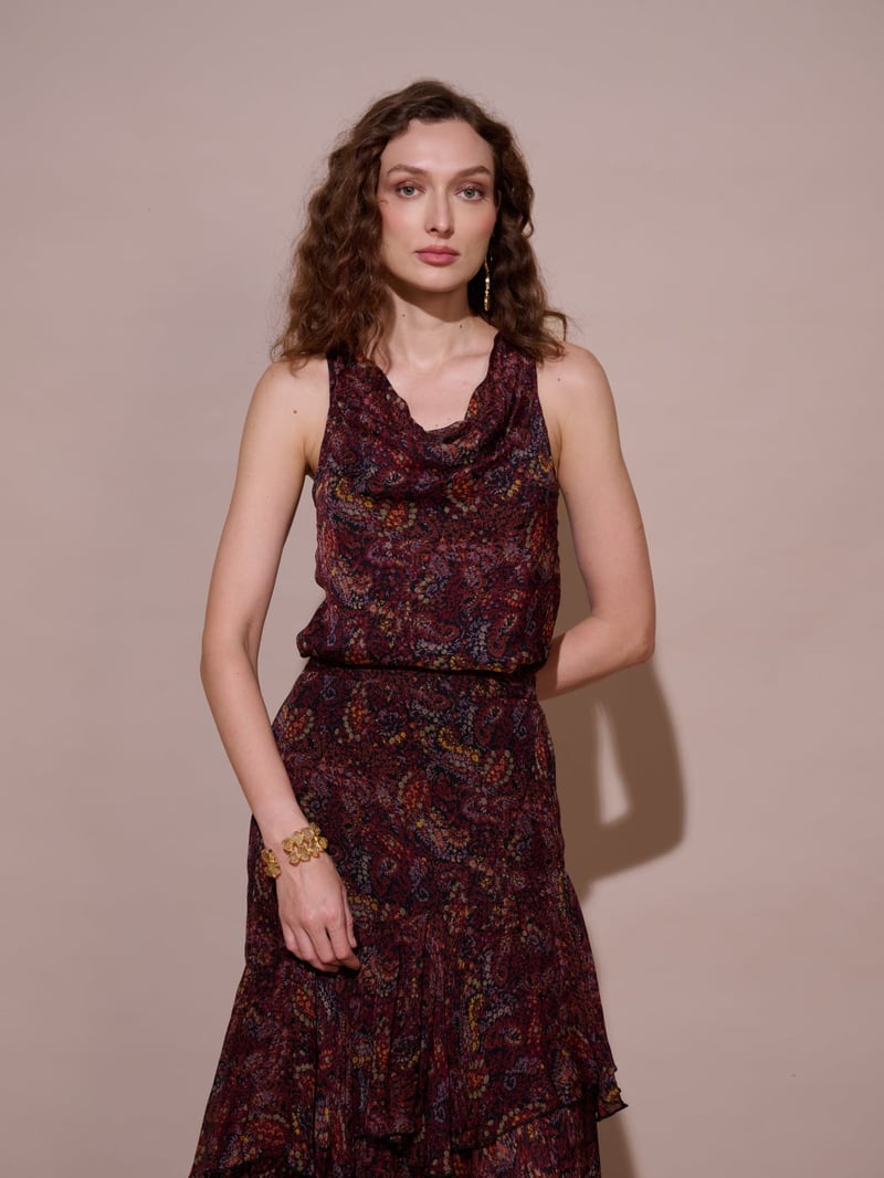 Wine Paisley Print Cowl Neck Sleeveless Top