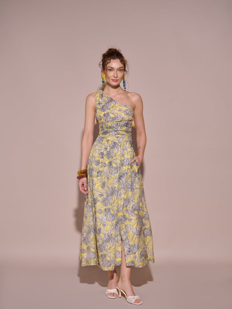 Yellow One-Shoulder Floral Printed Midi Dress with Slit