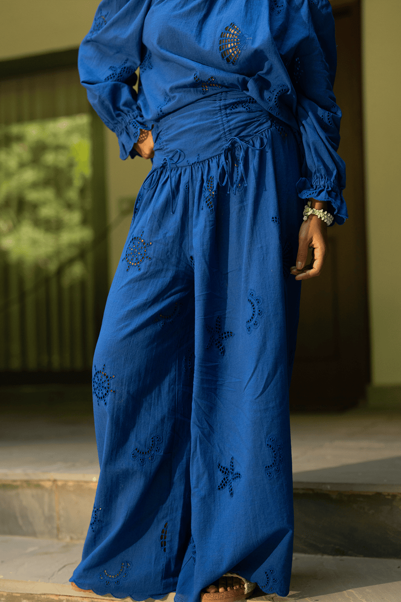 Blue Wide-Leg Cotton Cutwork Trousers with Drawstring Waist