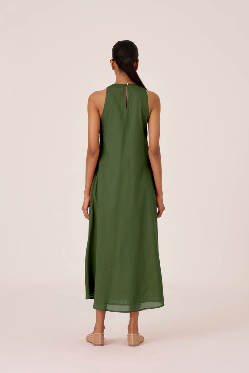 Green Pintuck Bodice Embroidered Midi Dress