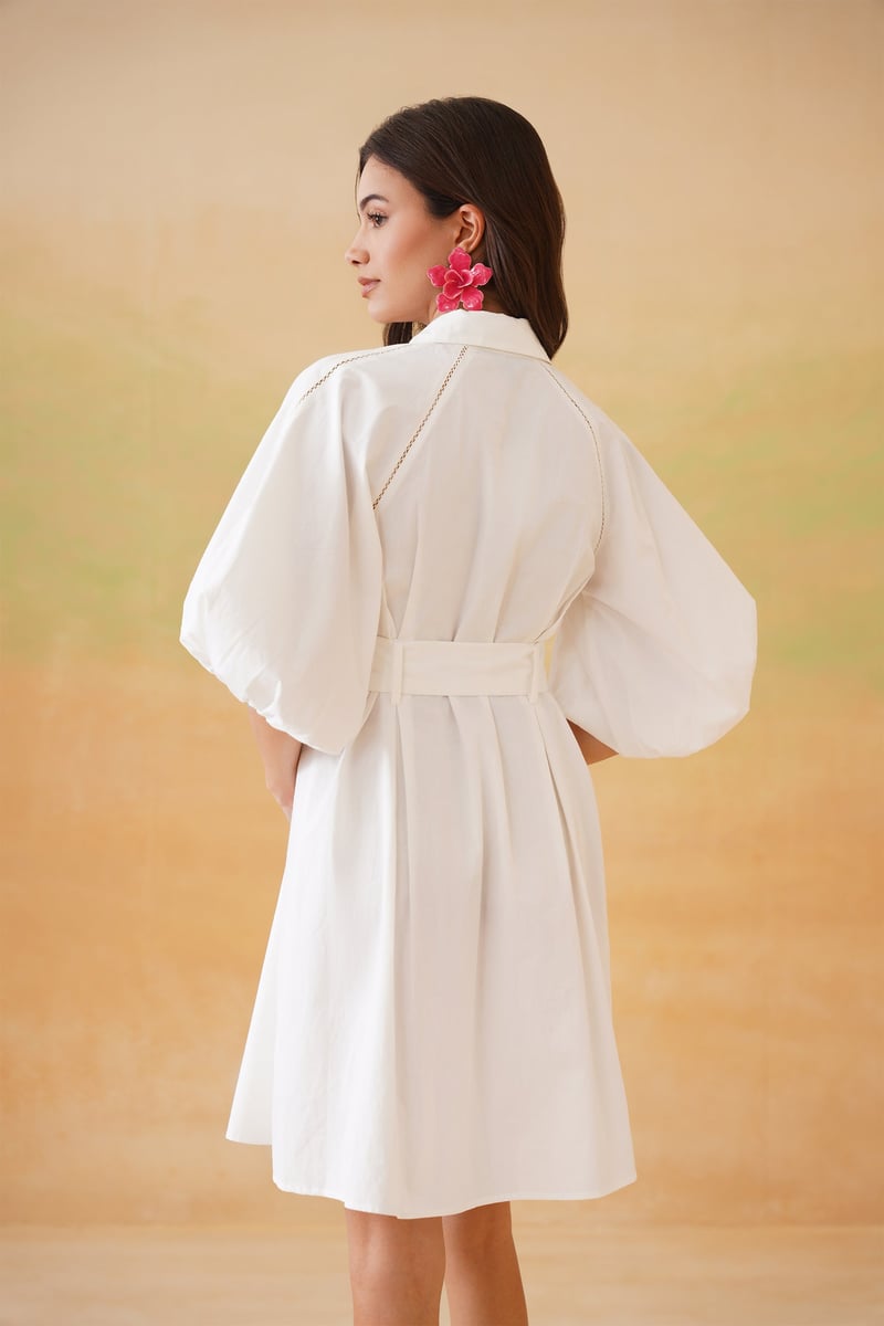 White Belted Shirt Dress with Balloon Sleeves