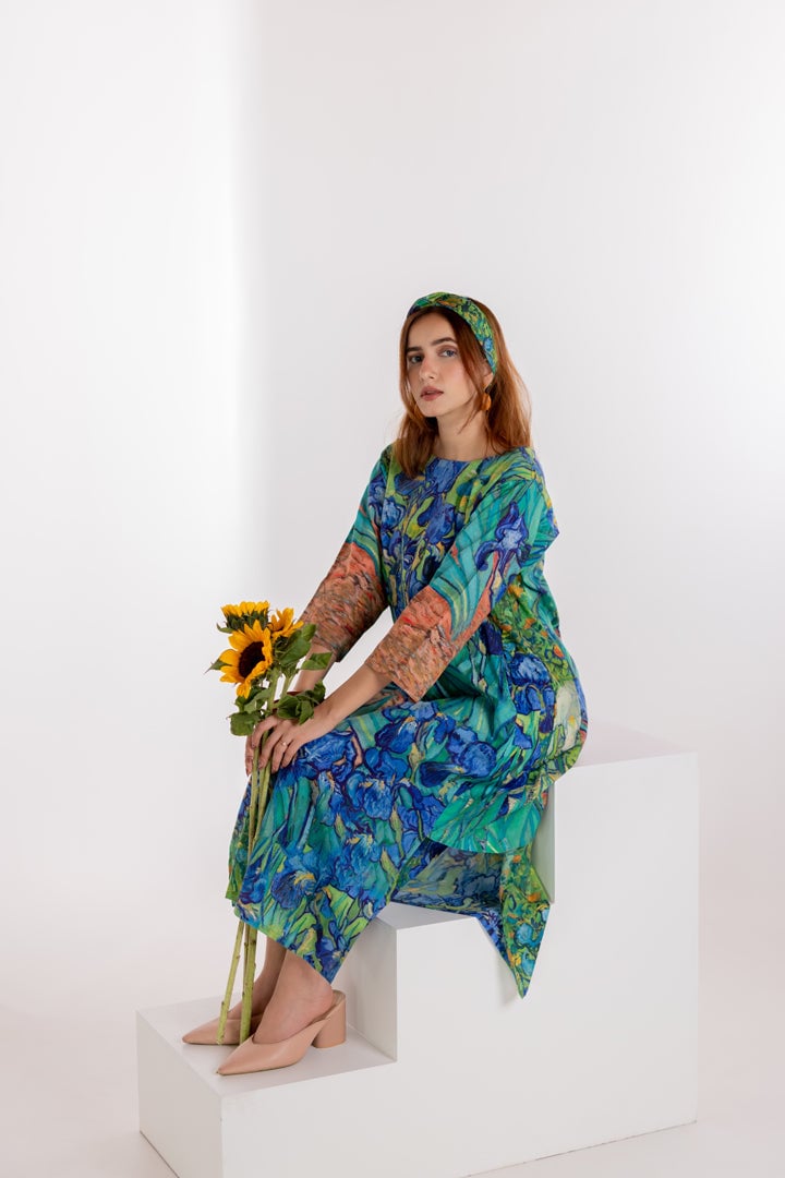 Aqua Blue Floral Printed A-Line Kurta and Pants Set