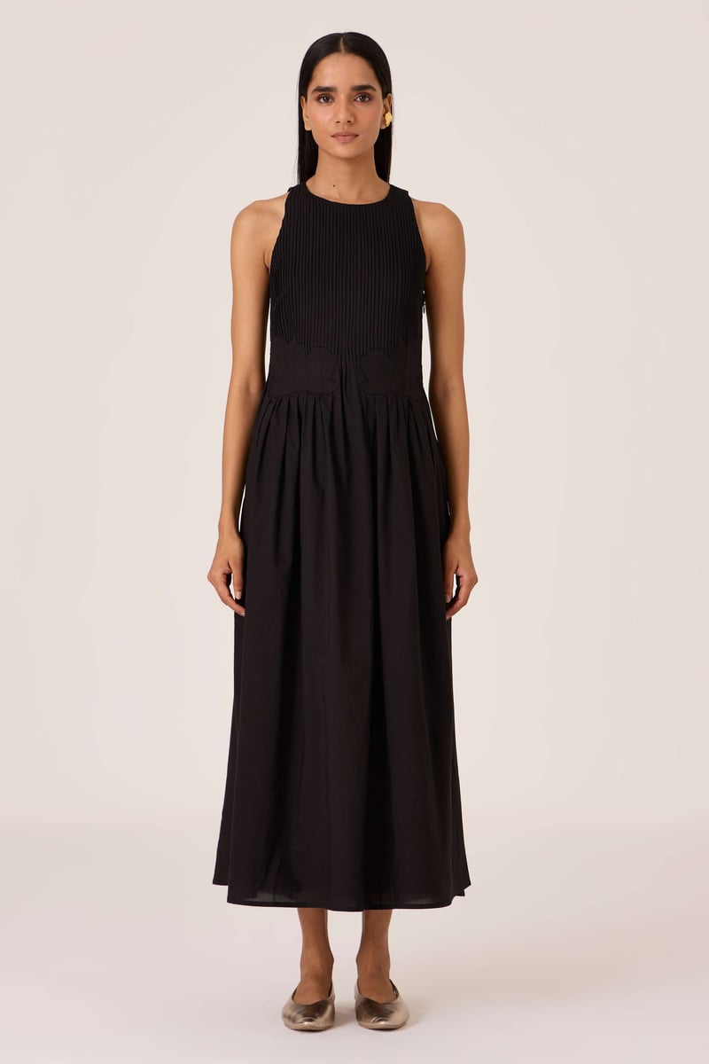 Black Pintuck Bodice Embroidered Maxi Dress
