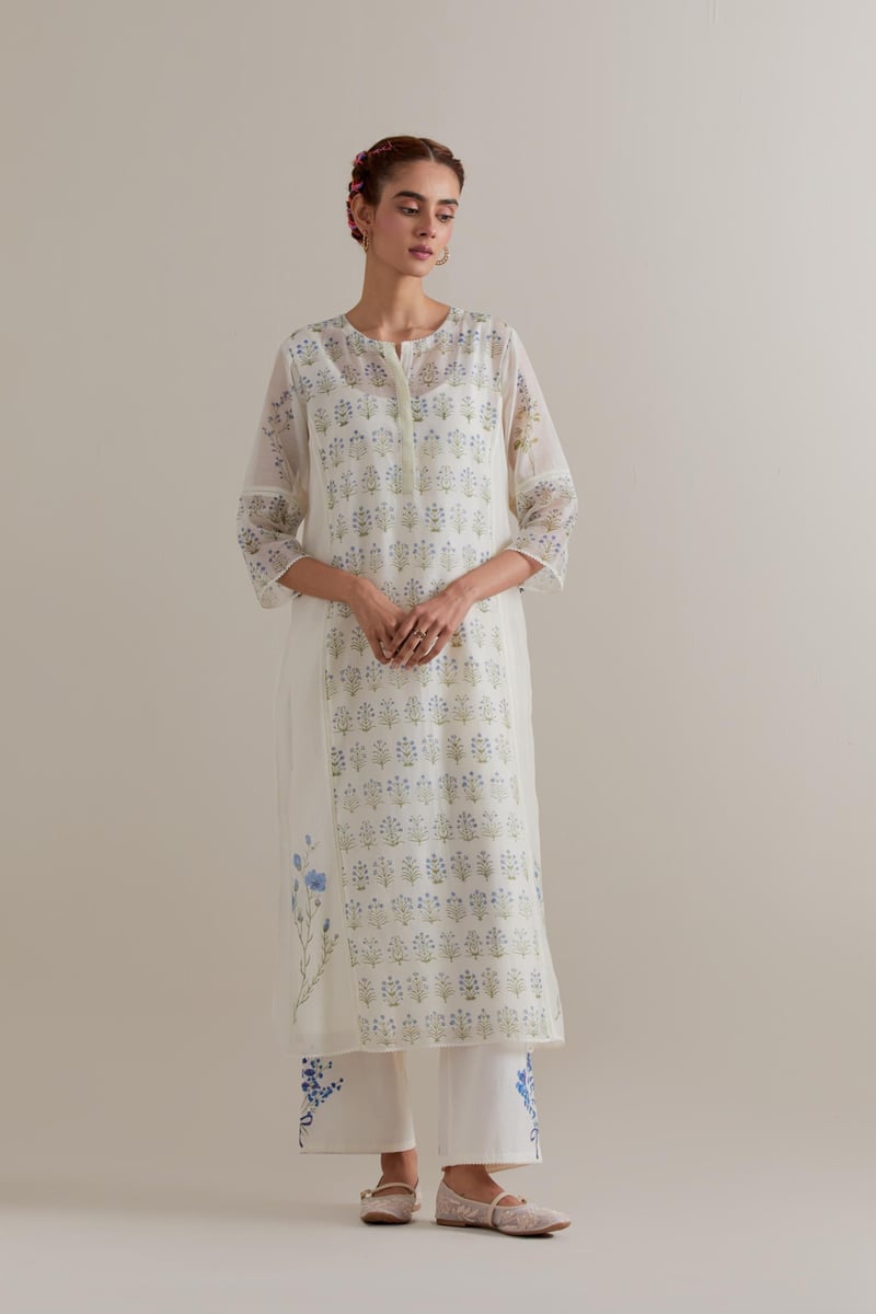 Off-White Floral Block Print Cotton Chanderi Kurta Set