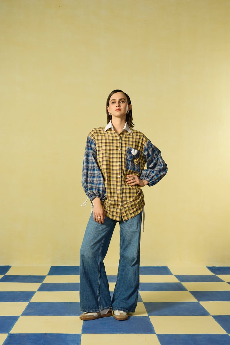 Yellow and Blue Mixed-Check Oversized Shirt