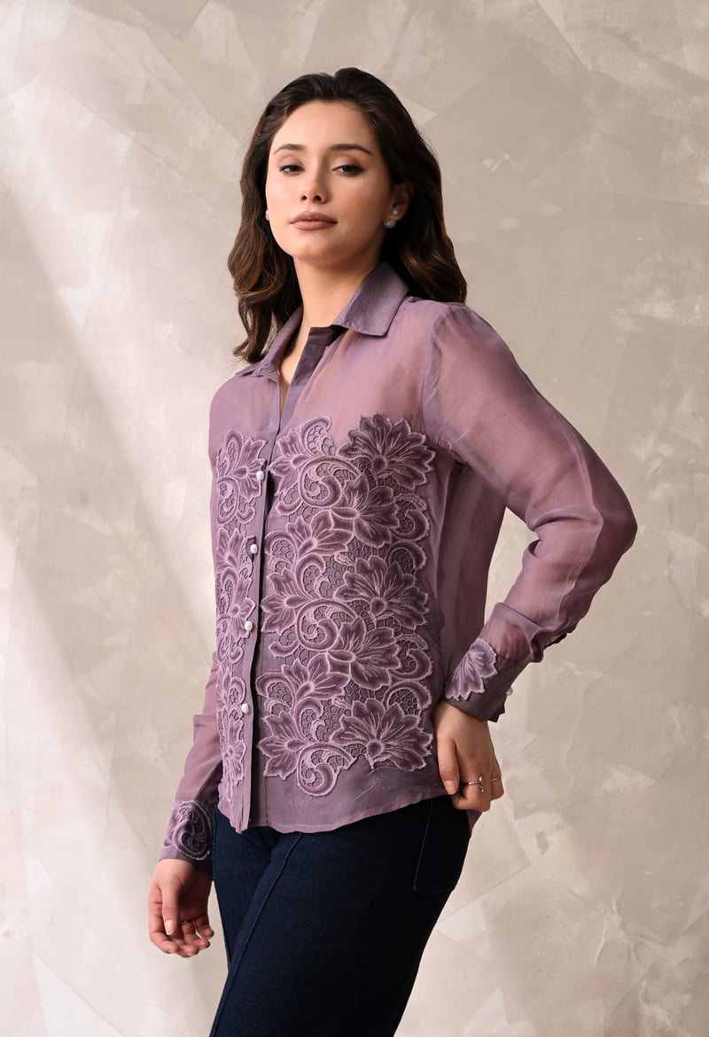 Mauve Sheer Button-Down Shirt with Tonal Floral Appliqué