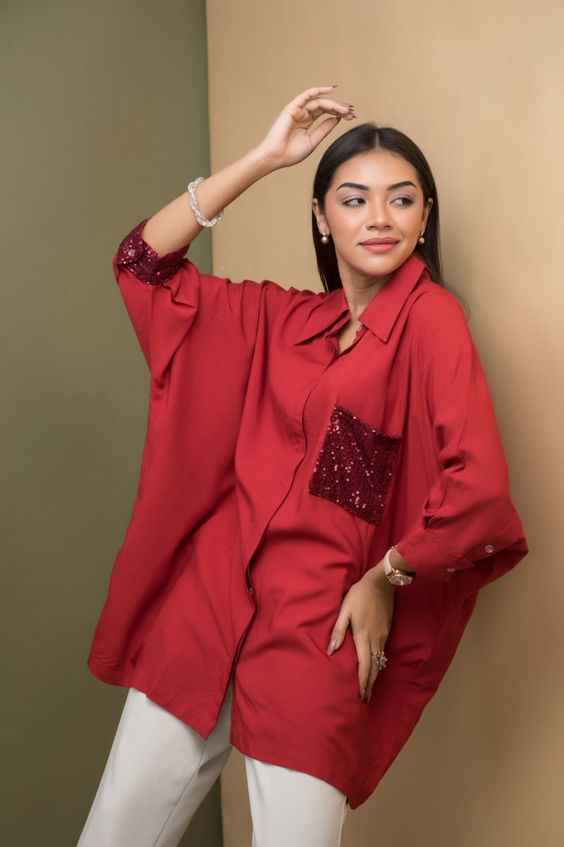 Ruby Red Kaftan-Fit Shirt with Sequin Pocket