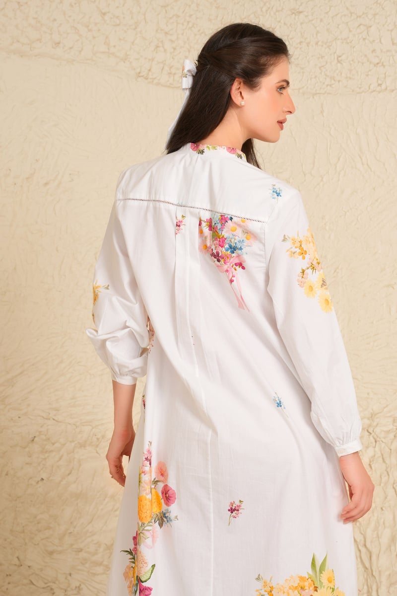 White Floral Printed Kurta and Trouser Set