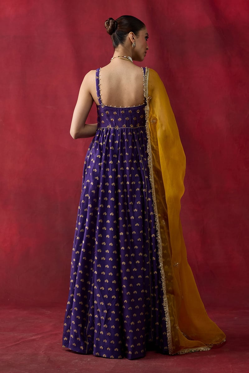 Purple Block Print Embroidered Anarkali Kurta Set