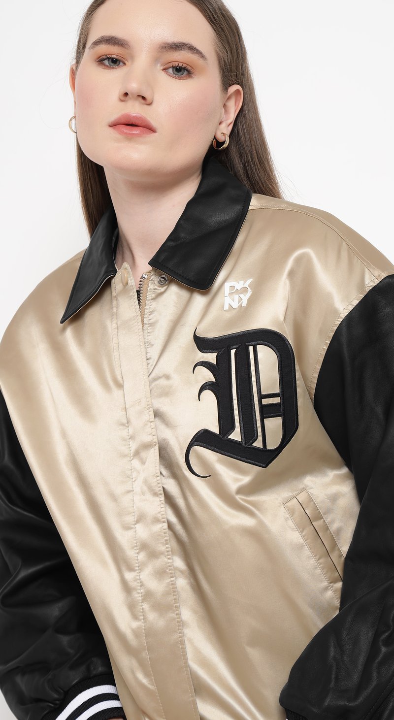 Beige and Black Colorblock Varsity Bomber Jacket