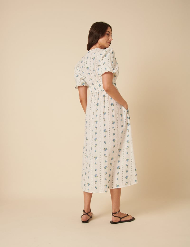 White Floral Fit and Flare Midi Dress with Puff Sleeves