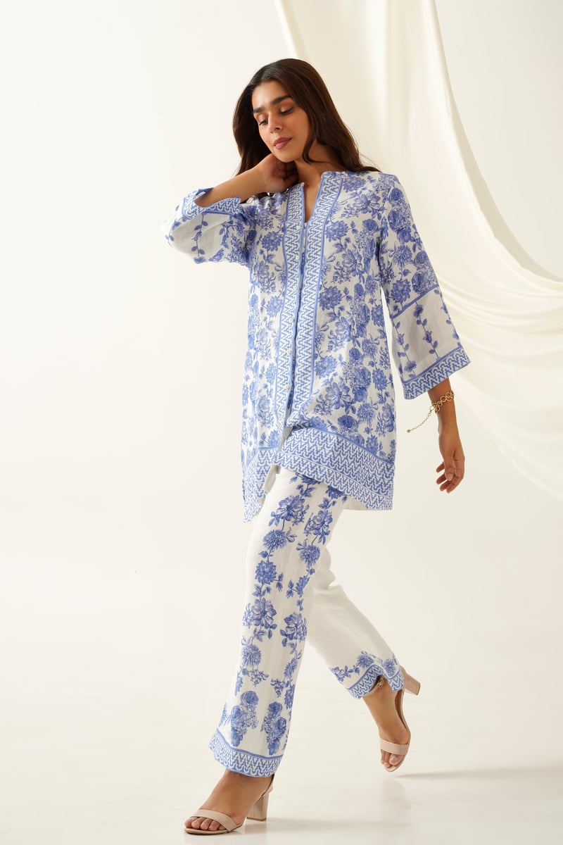 Blue and Cream Floral Printed Linen Co-ord Set