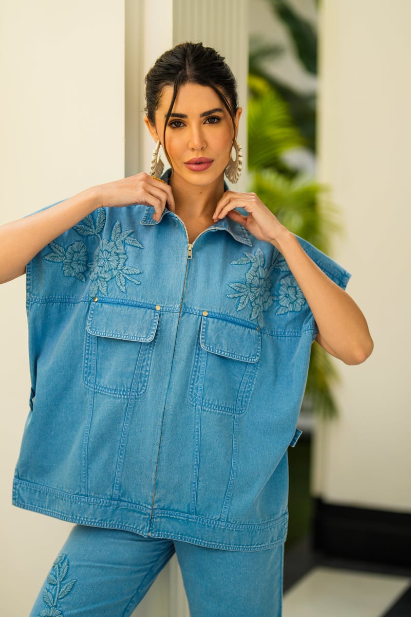 Blue Denim Embroidered Co-ord Set with Zip-Front Top