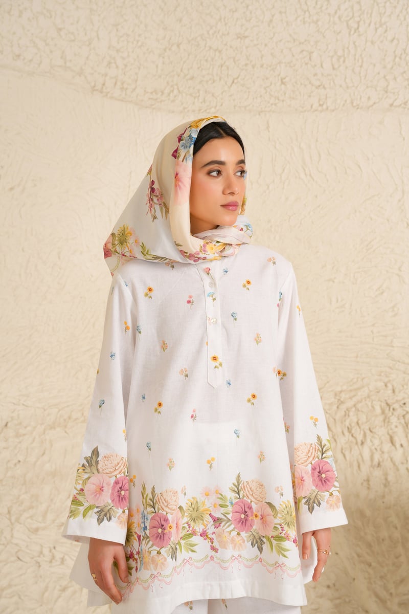 White Cotton Linen Floral Kurta and Trouser Set