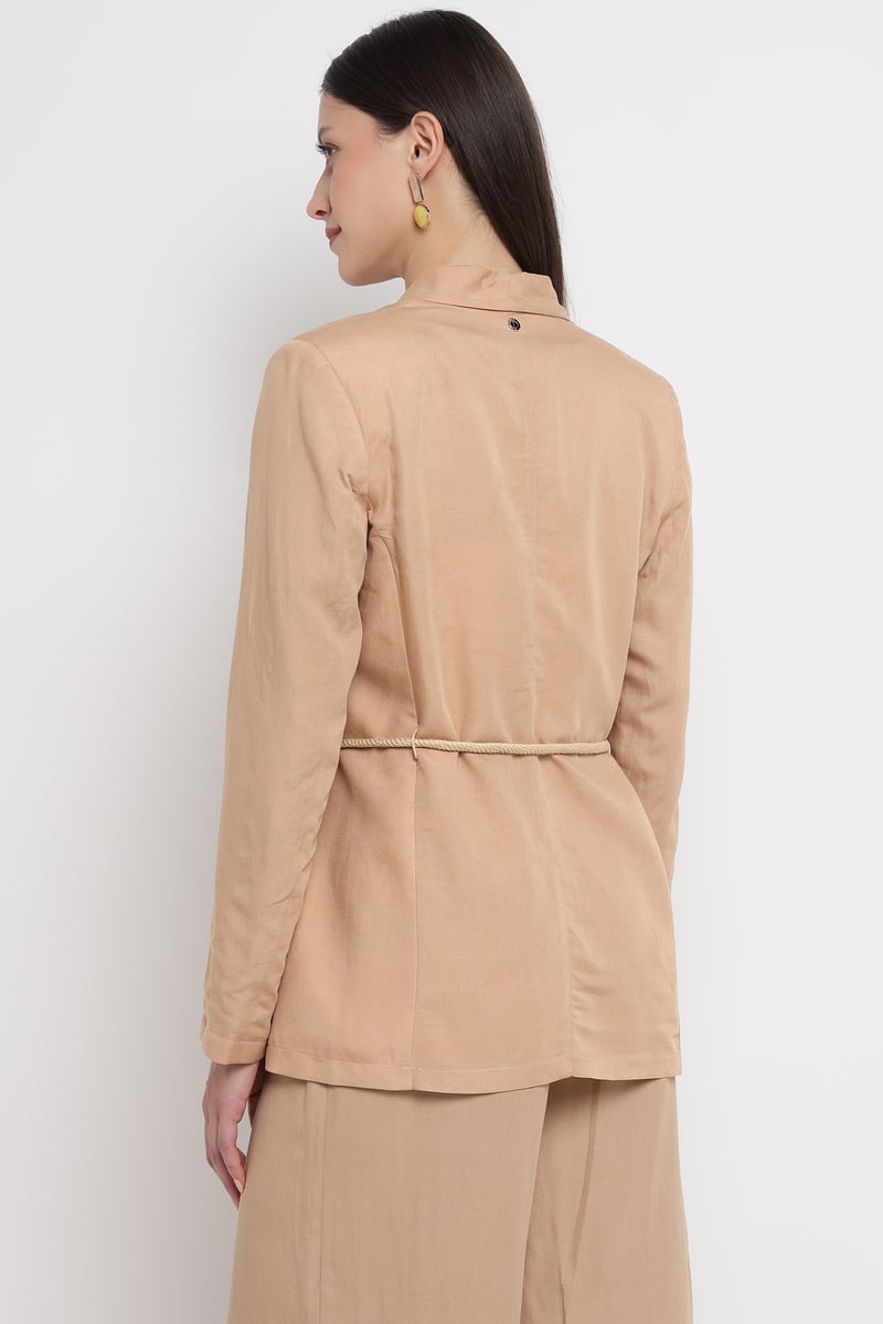 Beige Belted Single-Button Tailored Blazer