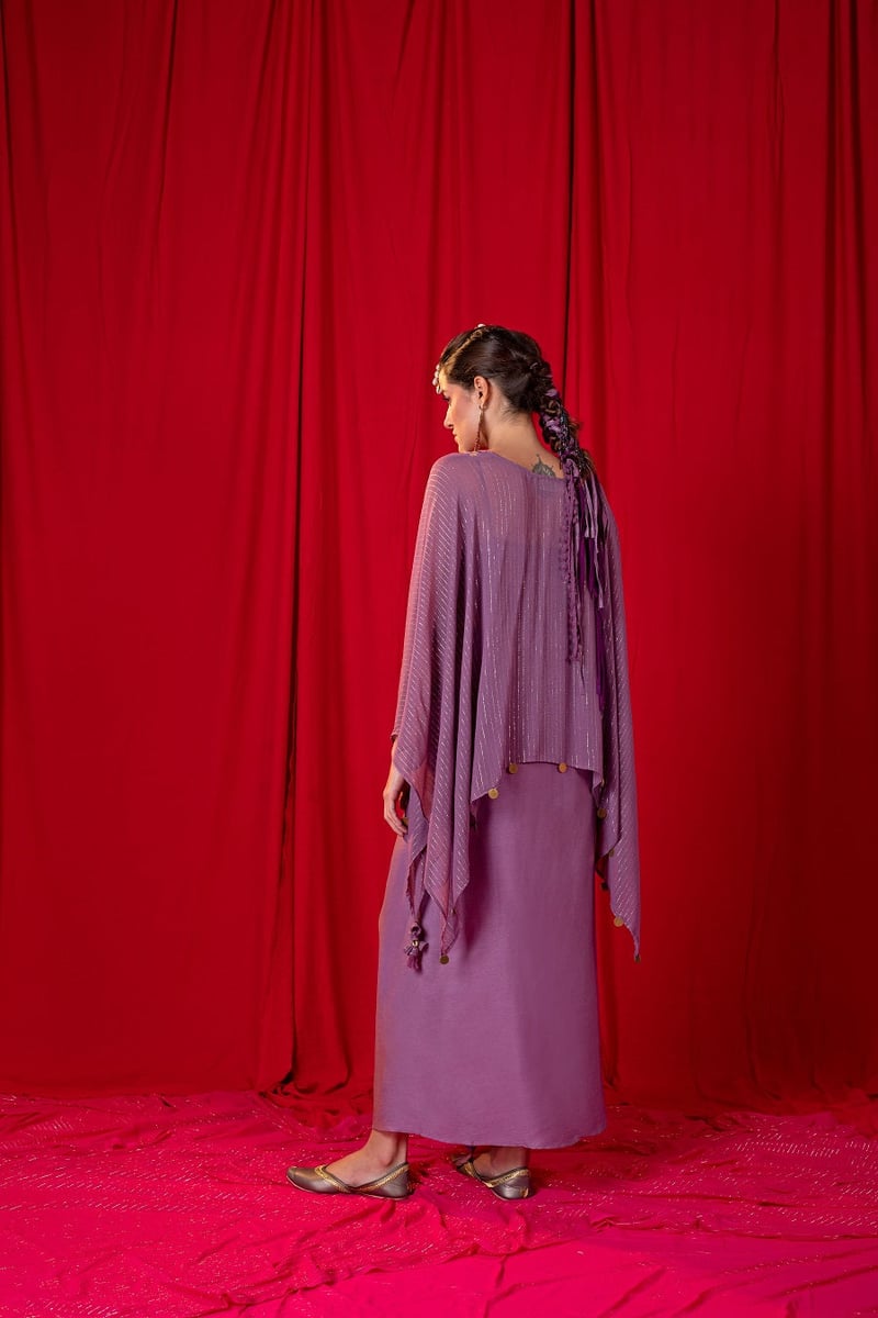 Lavender Shimmer Cape and Draped Maxi Skirt Co-ord Set
