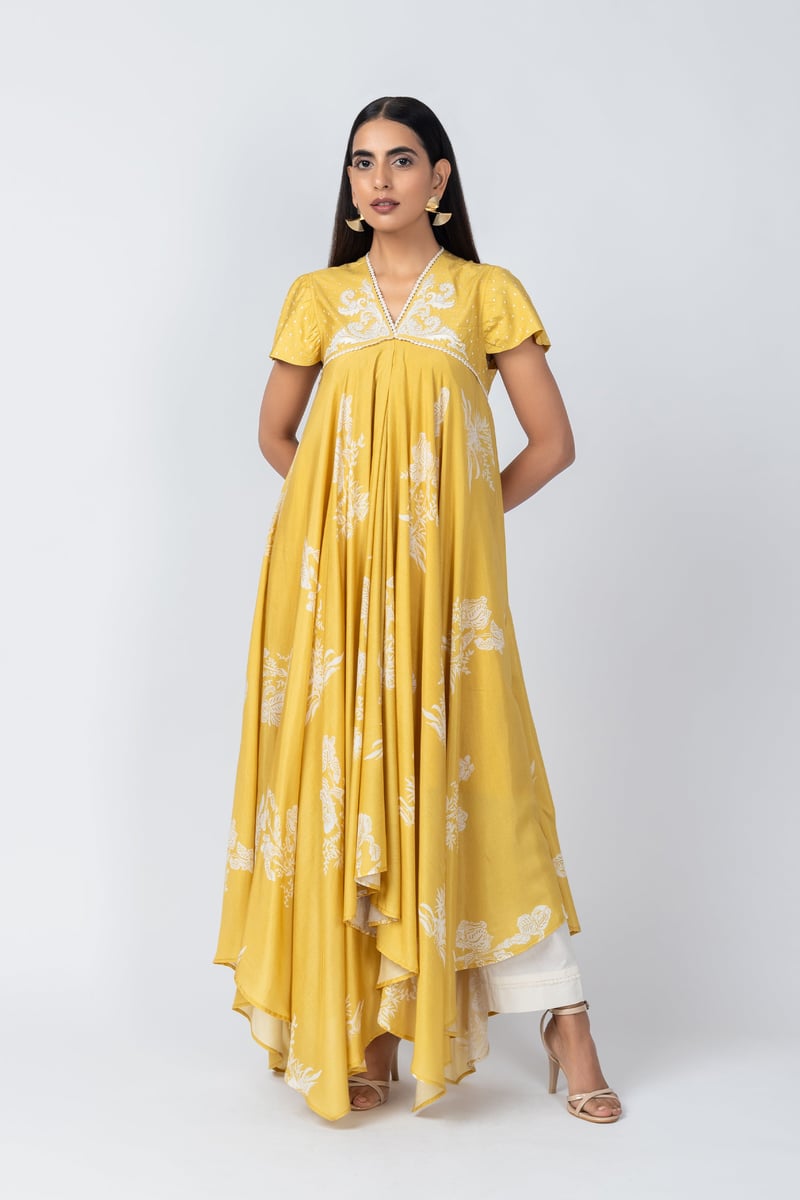 Yellow Floral Printed Asymmetrical Kurta Set with Straight Pants