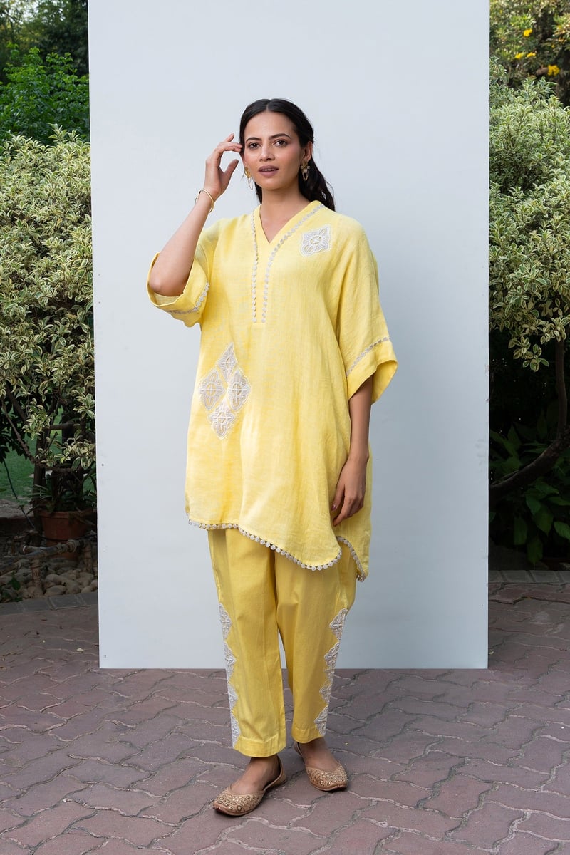 Lemon Yellow Linen Kaftan Kurta Set with Embroidery