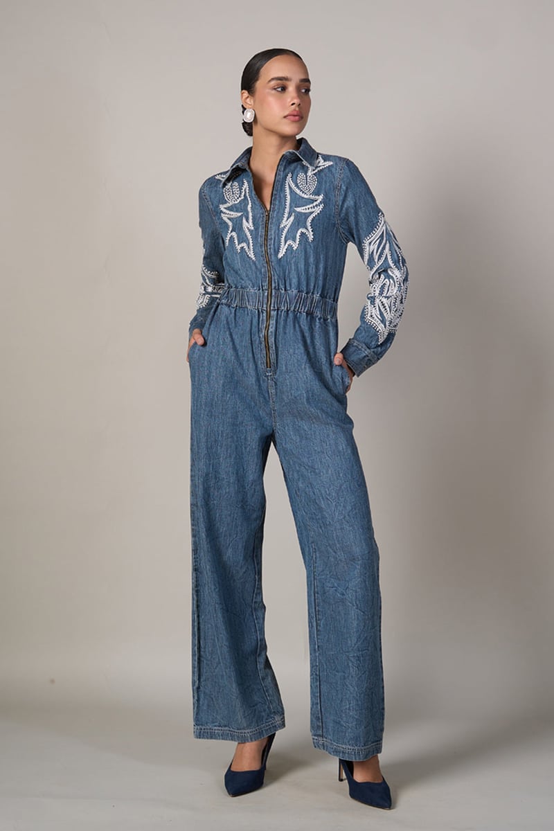 Blue Denim Zip-Front Embroidered Jumpsuit