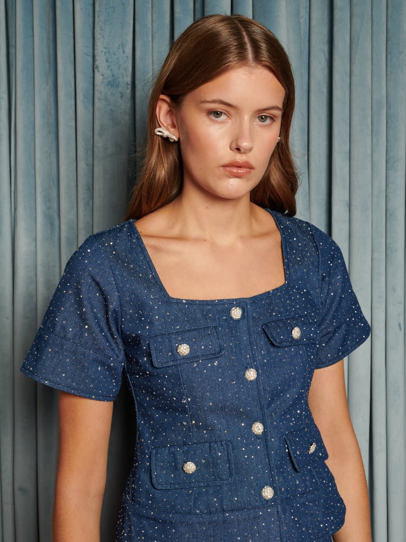 Blue Square-Neck Sparkle Button-Front Top