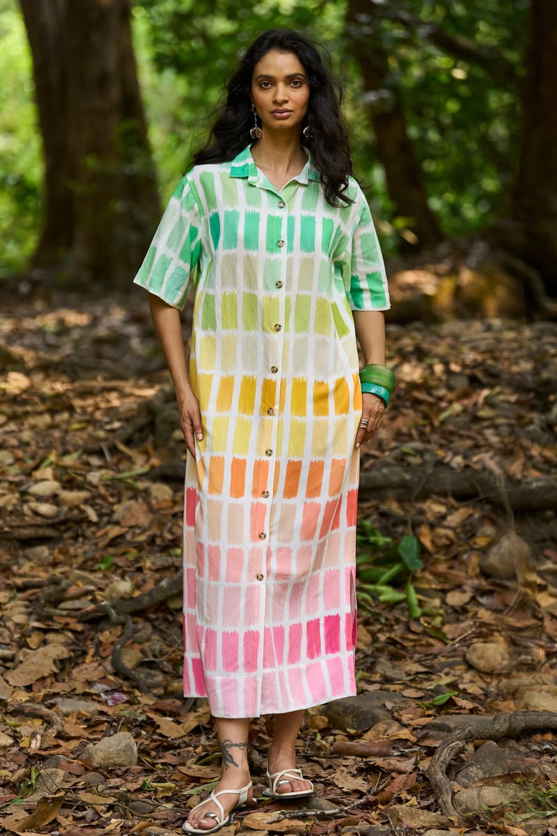 Multicolor Printed Midi Shirt Dress with Button-Down Front