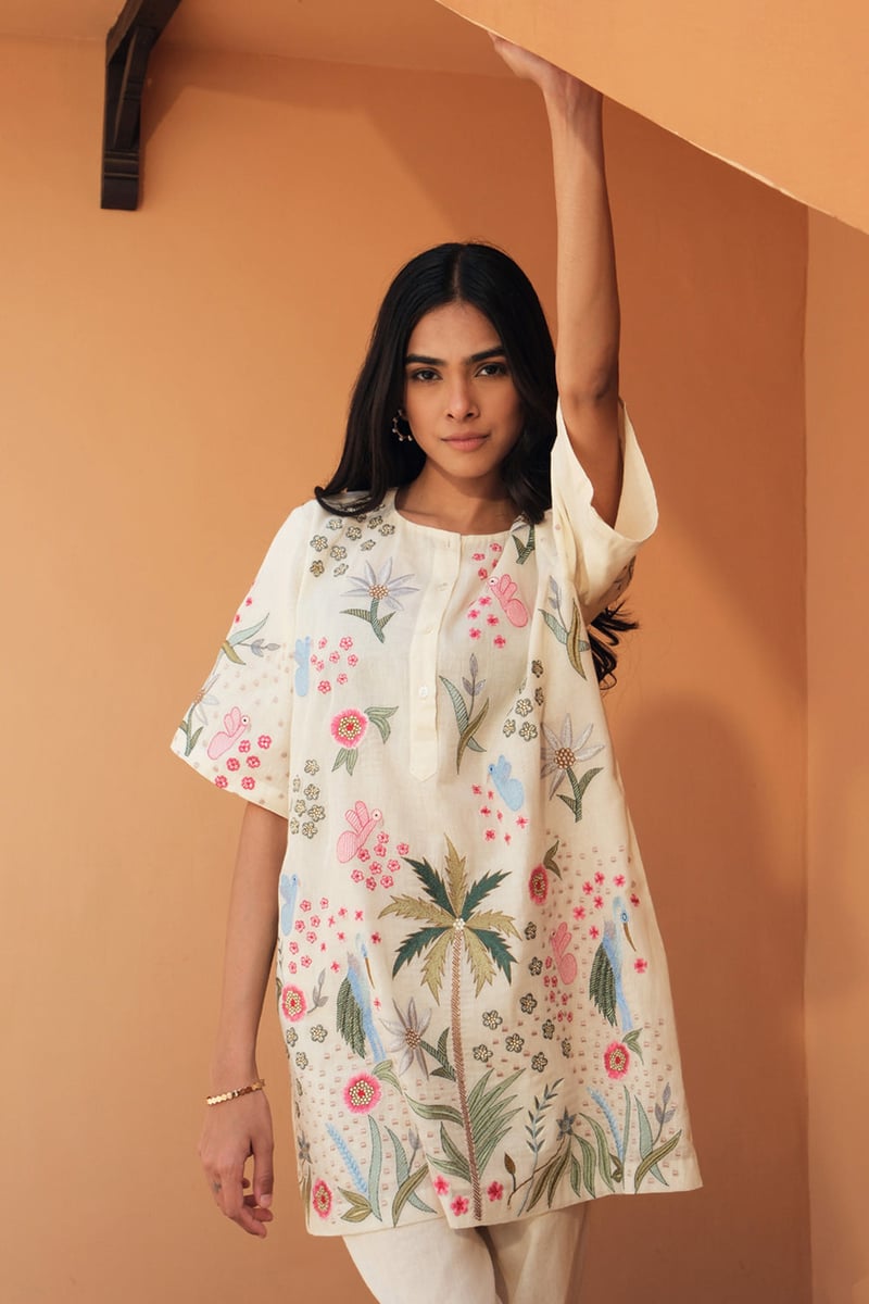 Ivory Embroidered Tunic and Wide-Leg Pants Co-ord Set