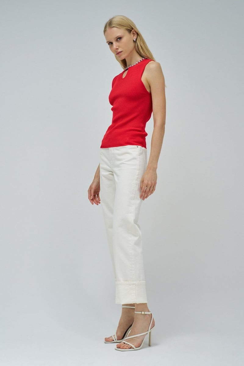 Red Ribbed Sleeveless Top with Embellished Neckline