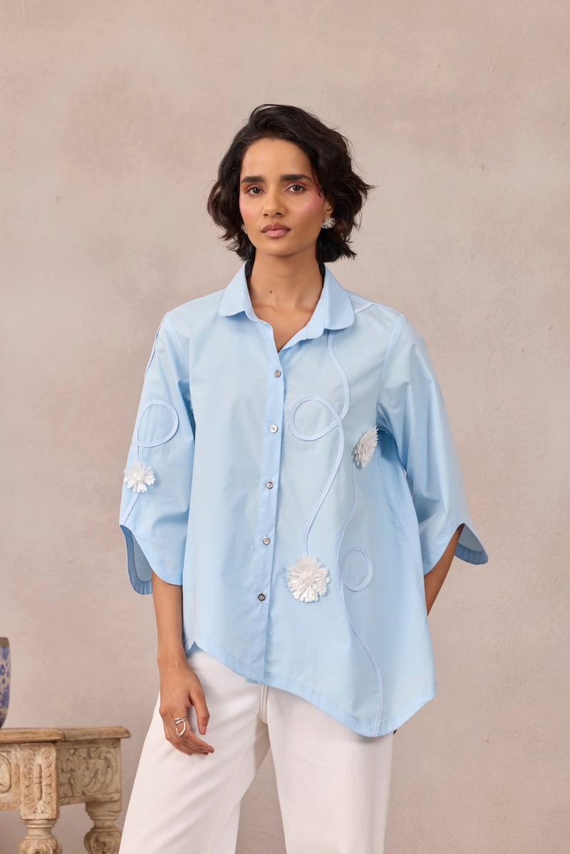 Frost Blue Applique Button-Down Shirt with Wave Hem