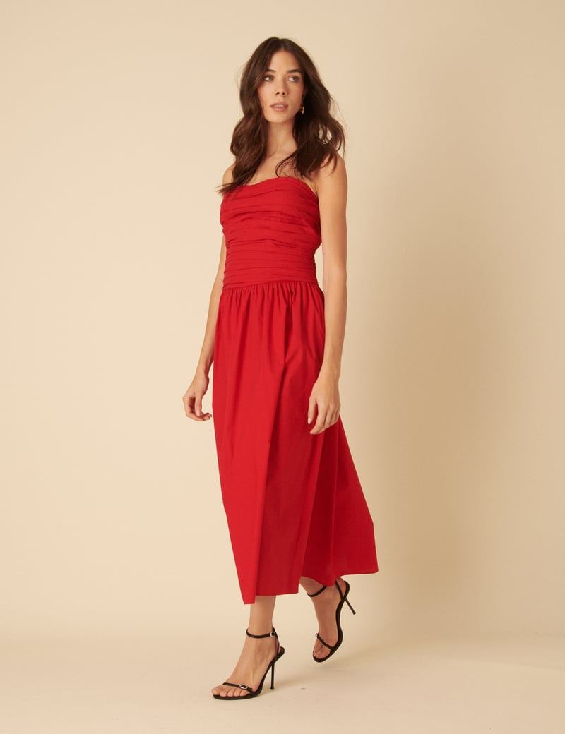 Red Bandeau Fit and Flare Midi Dress with Pockets