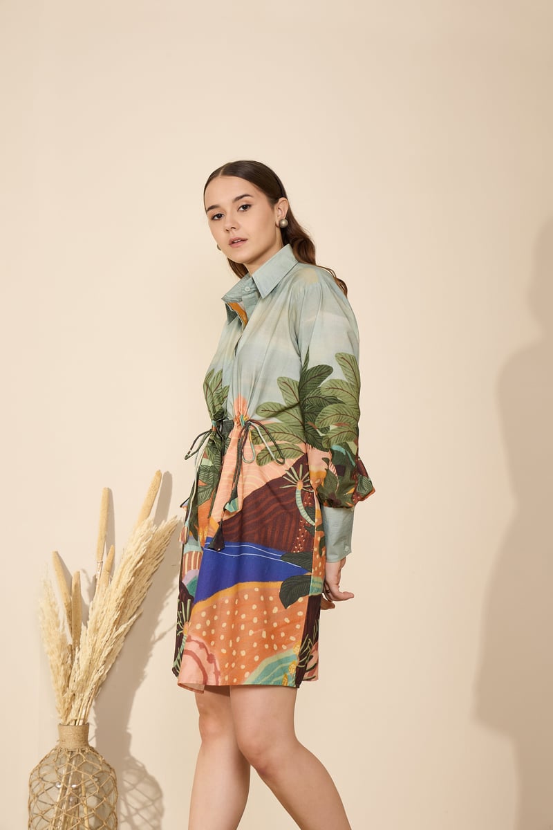 Printed Cotton Poplin Shirt Dress with Drawstring Waist