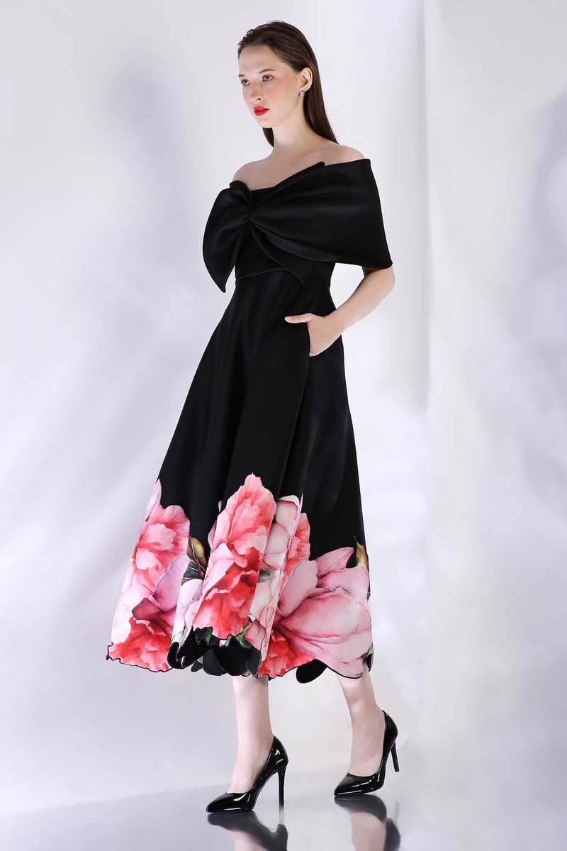 Black Off-Shoulder Bow Midi Dress with Floral Hem Print