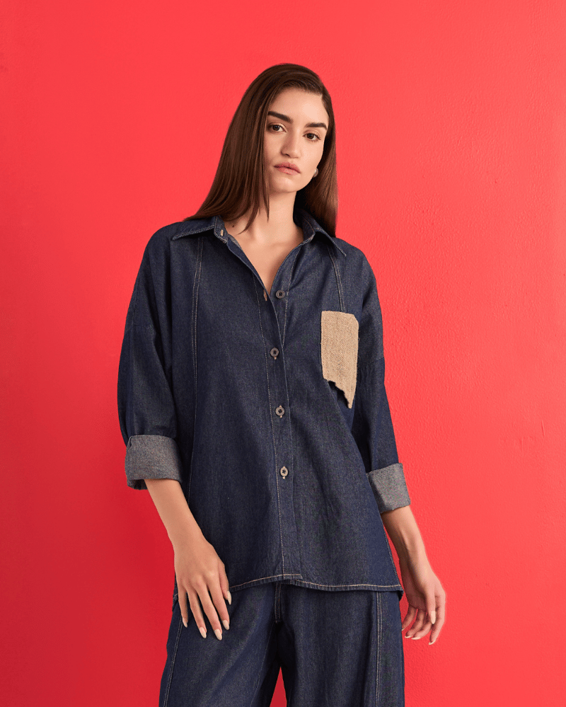 Denim and Jute Free Size Sack Pocket Shirt