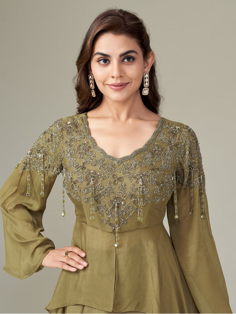 Olive Gold Chiffon Embroidered Co-ord Set
