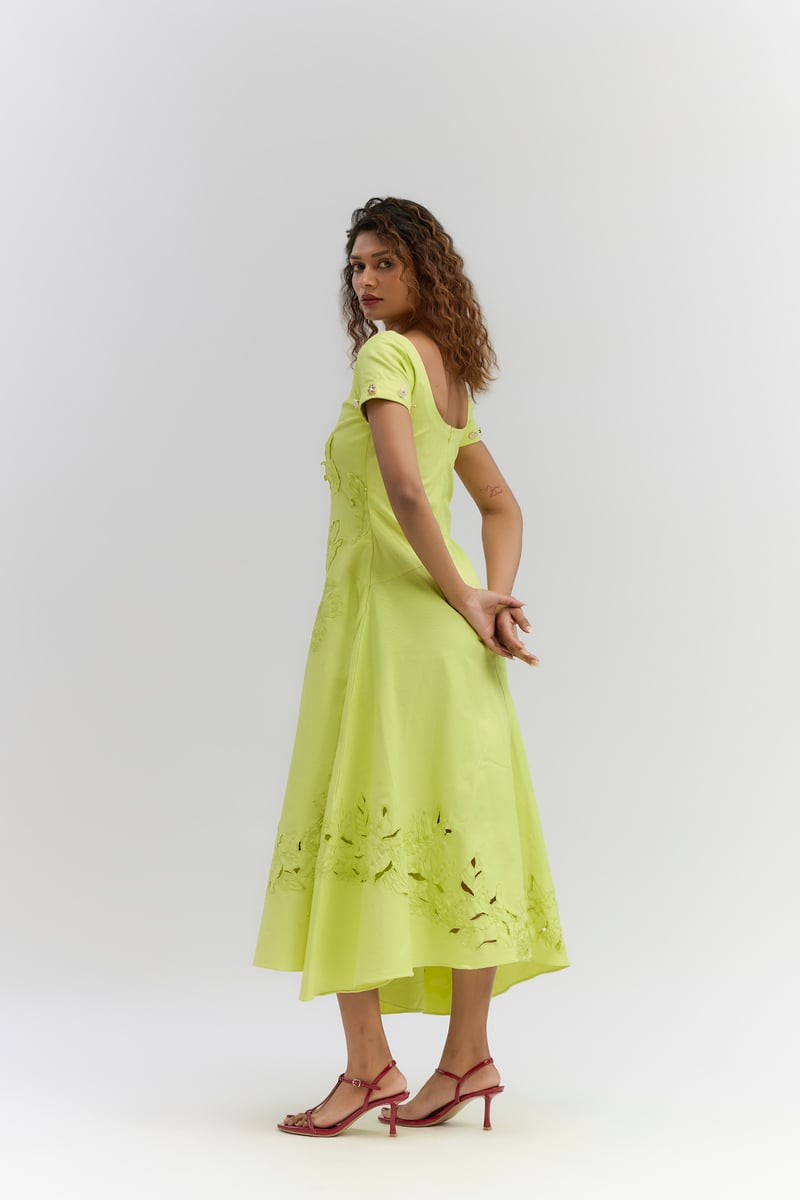 Lime Green  Patch Embroidered A-Line Midi Dress