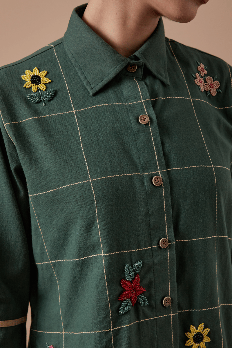 Forest Green Organic Cotton Embellished Grid Shirt