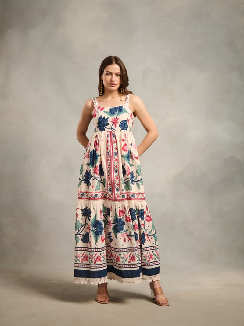 White Floral Printed Cotton Maxi Dress with Lace Trim