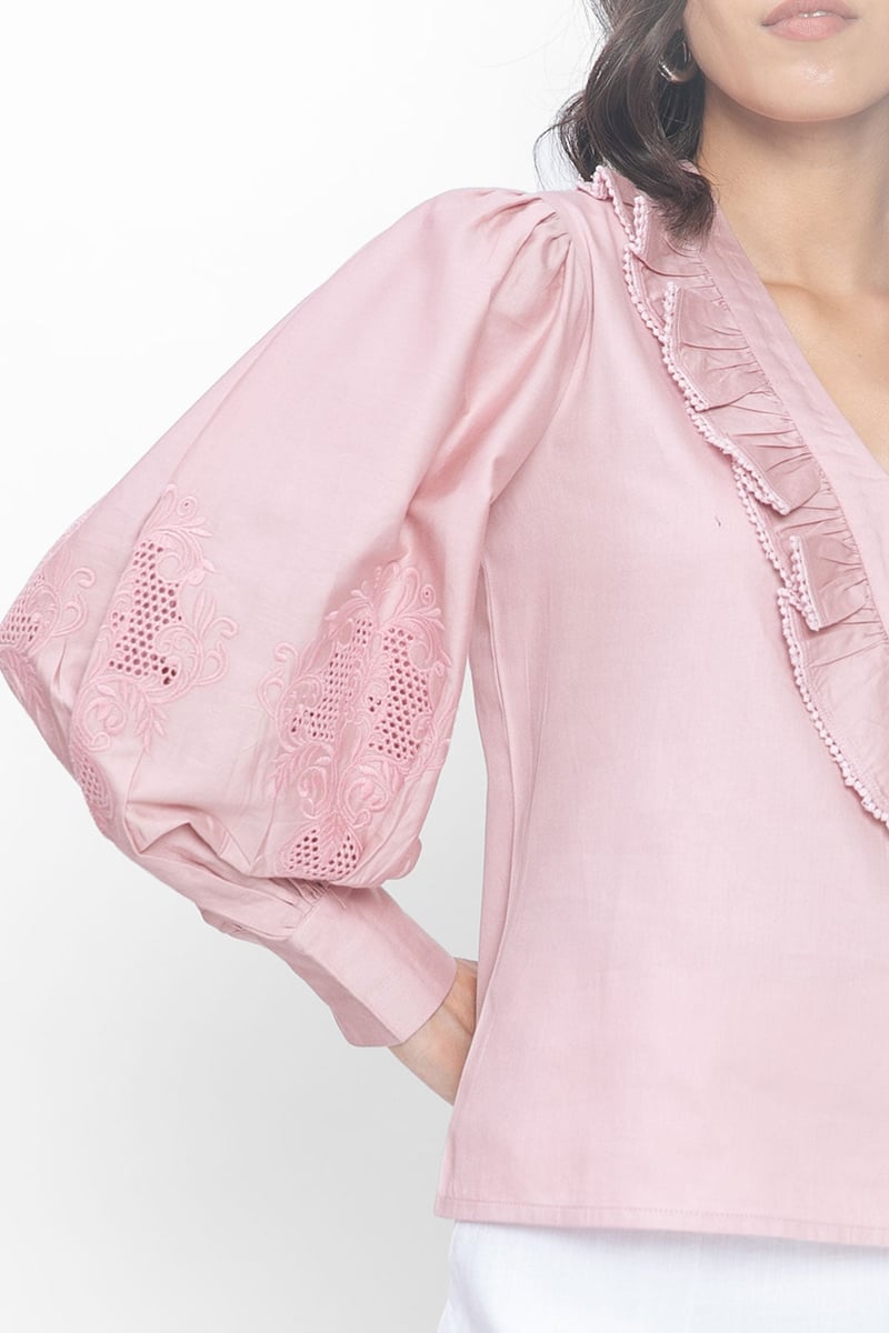 Dusty Pink Ruffle V-Neck Balloon Sleeve Top