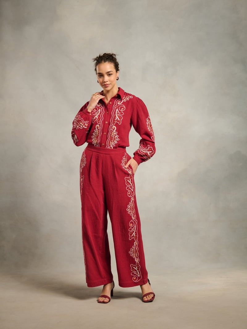 Maroon Embroidered Wide-Leg Cotton Trousers
