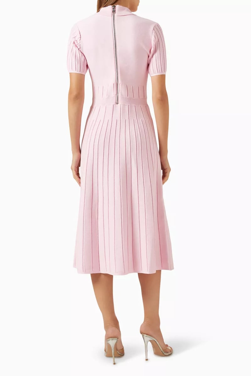 Pink Striped Knit Collared Midi Dress with Button Front