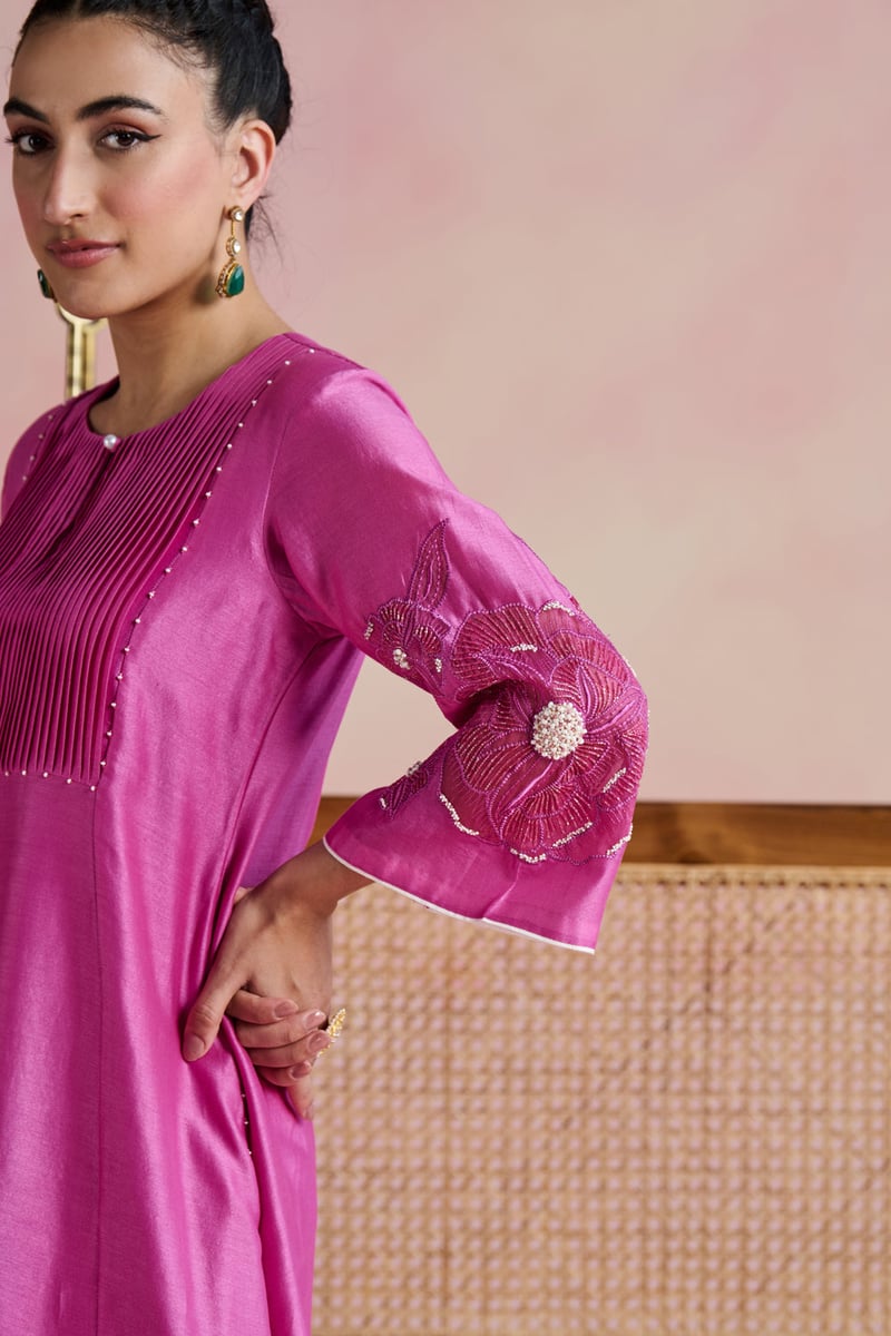 Pink Chanderi Embellished Kurta Set with Pants