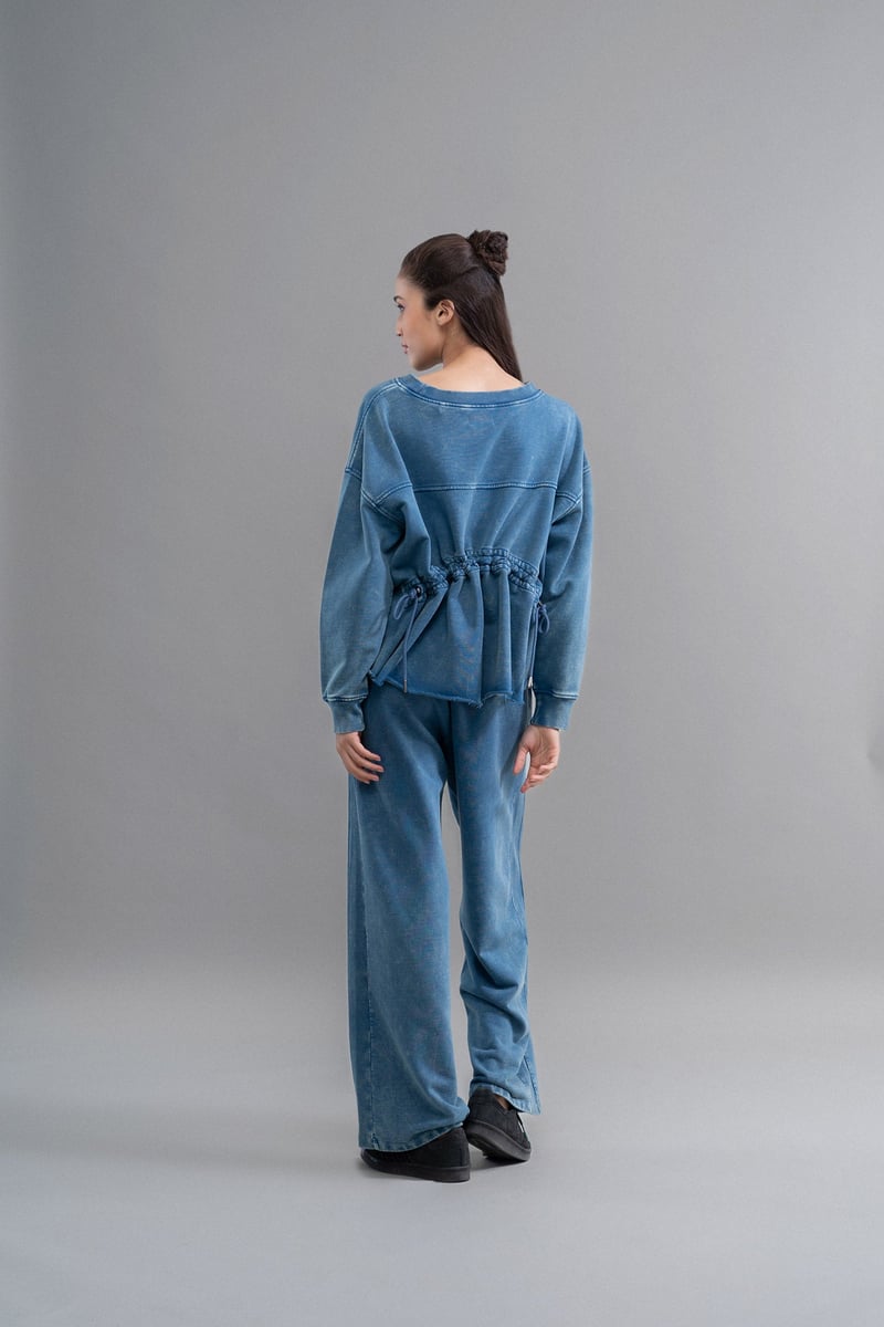 Blue Denim-Wash Ruched Back Cotton Terry Sweatshirt