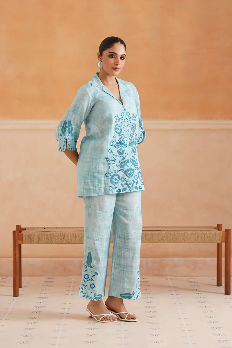 Aqua Blue Linen Embroidered Kurta Co-ord Set