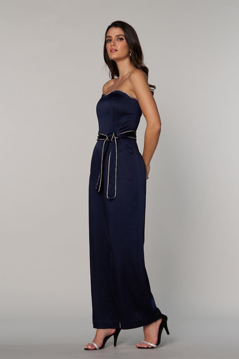 Navy Satin Strapless Sweetheart Jumpsuit with Belt